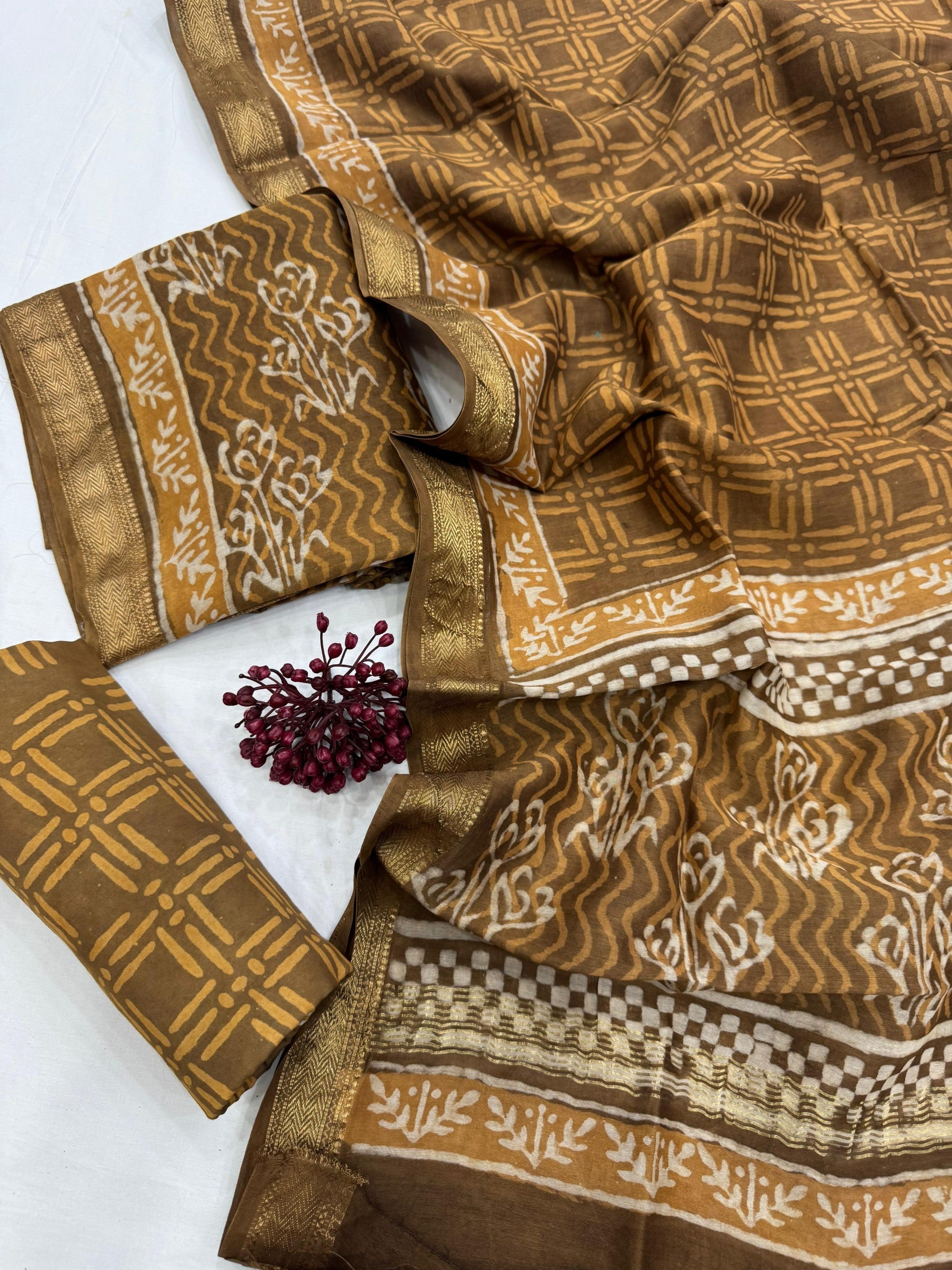 Maheshwari Silk Mustard Geometrical Design Dress Material handcrafted by Indian artisans